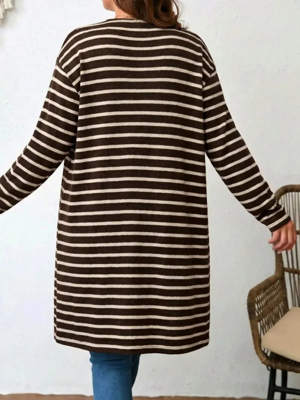 Brown Casual Women's Plus Size Striped Rib-Knit V Neck Drop Shoulder Coat